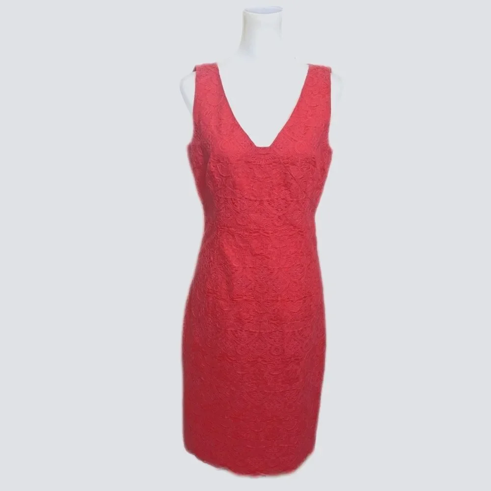 Tory Burch coral pink sheath dress, lined, lace overlay, v-neck, sleeveless 10